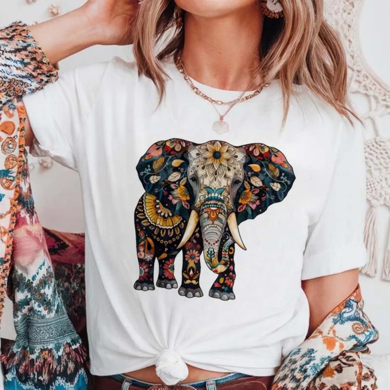 

Elephant Floral Women s T-Shirt Short Sleeved Basic Top Cute Style Fashion Women s Apparel Trendy Printed Casual Summer Tee XXXXXL білий