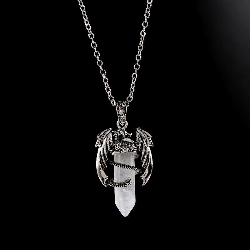 Vintage Flying Dragon Pendant Necklace with Amethyst, Rose Quartz, and Tiger Eye Gems