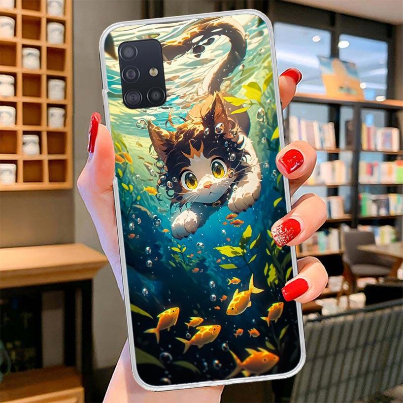 Cartoon Cute Cat Fish Aesthetic Cover Phone Case For Samsung Galaxy A12 A22 A32 A52 A72 A02S Phone Case Note 20 Ultra 10 S10 Plu
