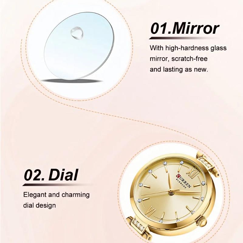 CURREN Moderne Damen-Stahlarmbanduhr mit Diamantbesatz, wasserdichte Quarz-Armbanduhr