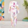 Women Plus Size Colorful Printed Round Neck Long Sleeve Cuffed Top And Pants Two Piece Set