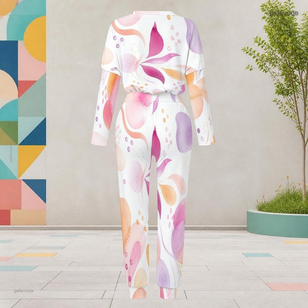 Women Plus Size Colorful Printed Round Neck Long Sleeve Cuffed Top And Pants Two Piece Set