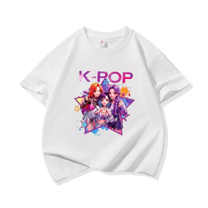 T-shirt Manches Courtes Imprimé Groupe d'Idoles K-POP Filles Mignon Dessin Animé Graphique T-shirt Haut Décontracté d'Été pour Enfants
