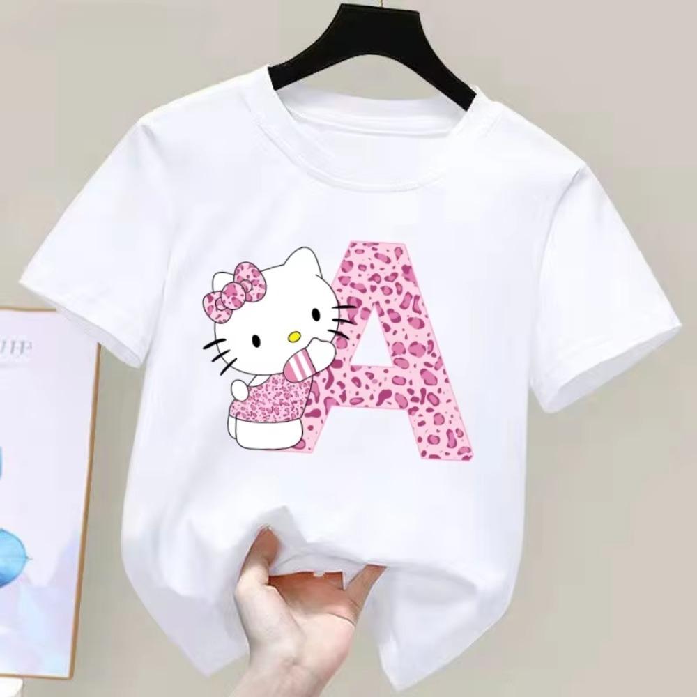 

Children s Sanrio Summer A-Z Alphabet Pink Kitty Cat Short-Sleeved Shirt Girls Sweet Comfortable Breathable Clothing 110