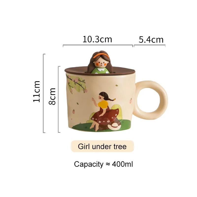 400ml Cute girl Retro Ceramics Mug with Lid Coffee Cup Personalized Breakfast Milk Cup Festival Gift Couple Water cups Office