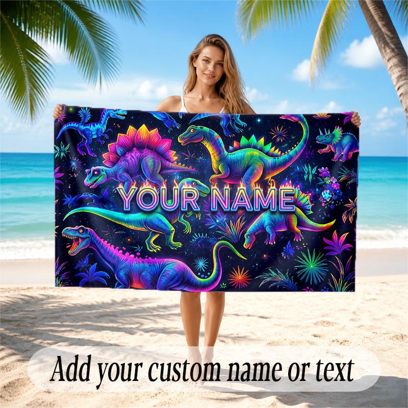Dinosaur Theme Quick Dry Beach Towel Custom Name Text Print Large Sand Resistant Towel Beach Vacation