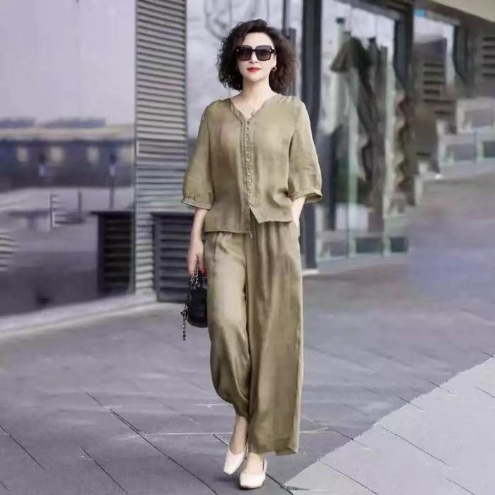 Suit Female Mother Retro Fashion Literary Casual Top Wide-leg Pants Loose and Thin Two-piece Suit Female