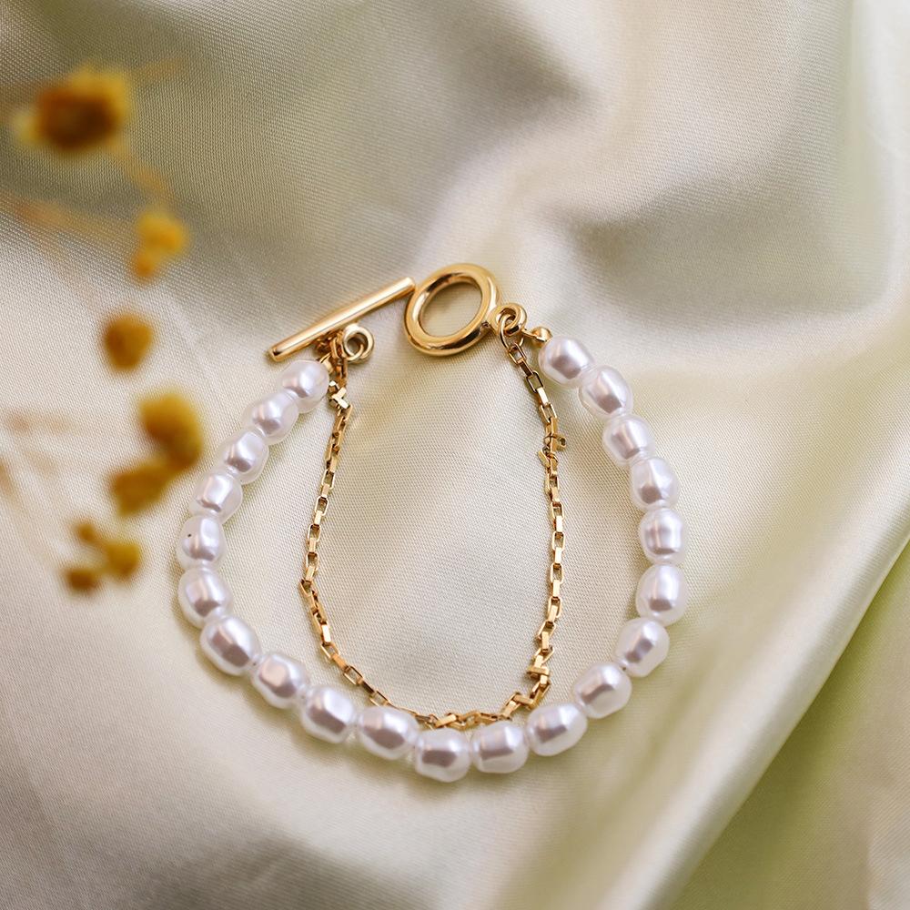 Bracelet à Boucle Ot Double Couche Perle pour Femme Rétro Long Boîte Chaîne Garçon Assemblage Bijoux Perle Baroque