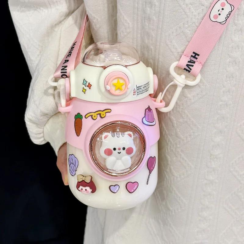 Cute Kids Water Bottles With Straw For Girls Children's 820ml Large Capacity Kawaii Cartoon Student School Travel Water Cup