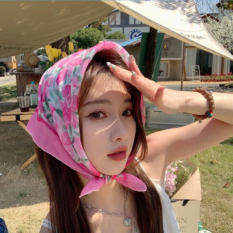 Women Flower Printed Headscarf Sun Protection French Pastoral Style Boho Lightweight Travel Picnic Outdoor Girls Scarf