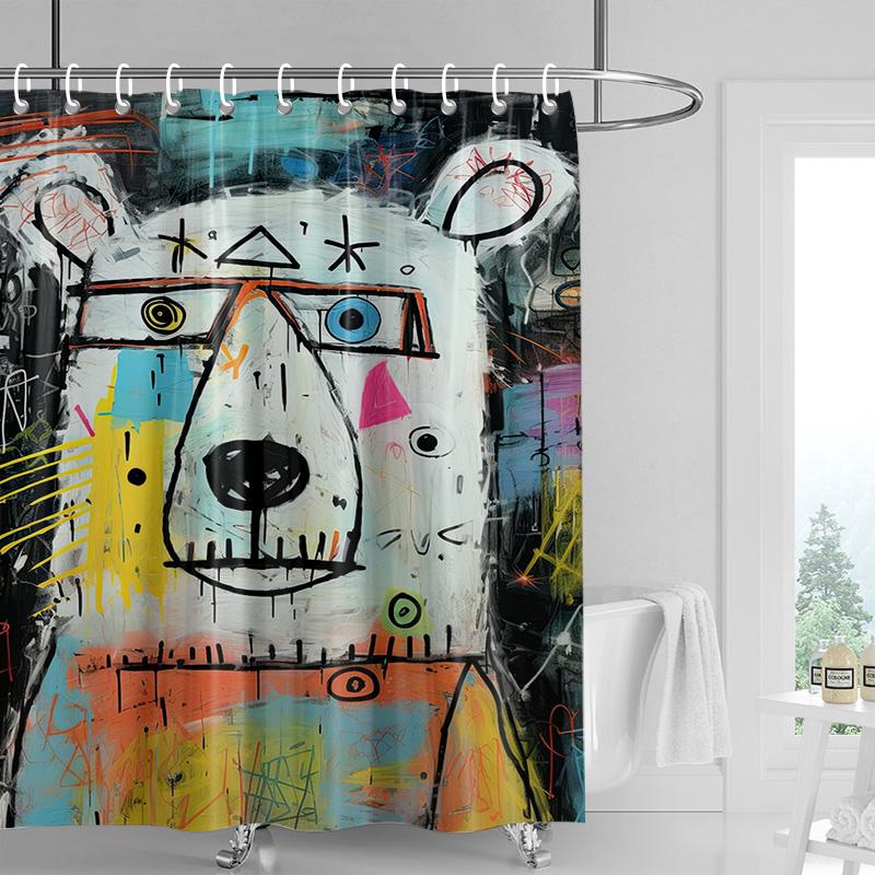 

Edgy Cartoon Bear Shower Curtain - Yellow with Graffiti Text & Bold Colors, Waterproof with Grommets, Urban Bathroom Decor 90x180cm