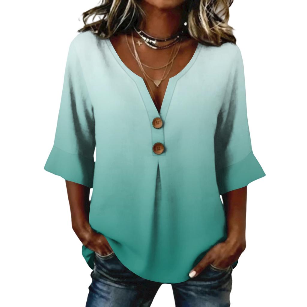 Ladies' gradient printed button casual V-neck fashionable seven quarter sleeve top