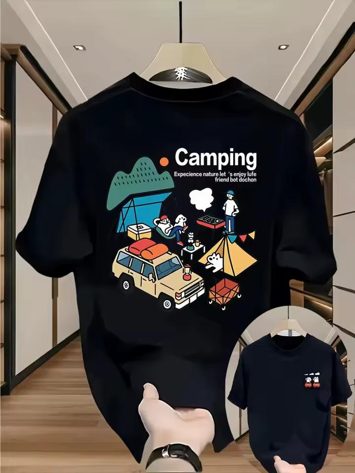 Men Summer Cotton T shirt Cartoon Camping Print O Neck Tee Outdoor Adventure Van Life Casual Streetwear Men's and Women's Tops