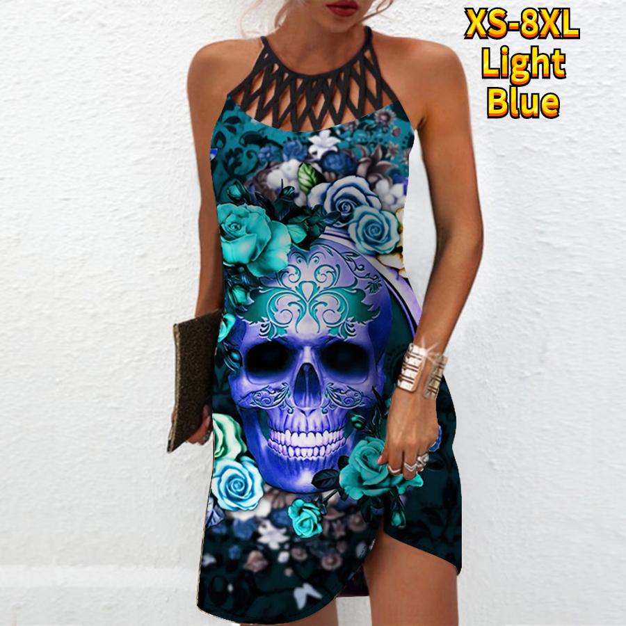 Summer Fashion Sexy Sleeveless Dress Soft Casual 3D Rose Skeleton Print Dress Sleeveless Sling Dress Summer Suspender Dress