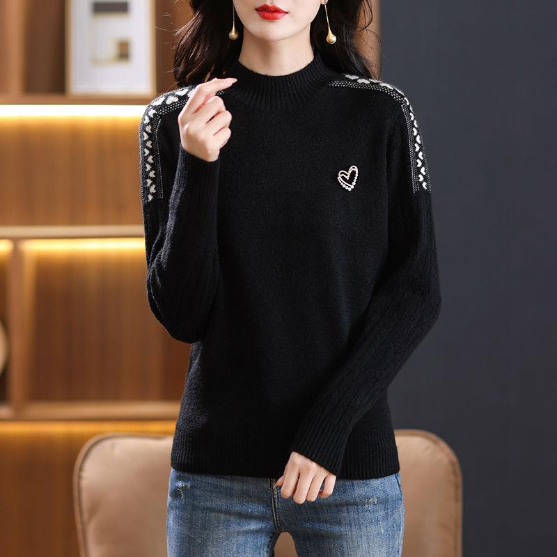Half Turtleneck Sweater Solid-color Fashionable Knitted Sweater for Women Loose Long-sleeved Casual Pullover Autumn and Winter
