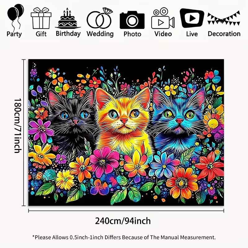 2D Colorful Kittens & Flowers Backdrop Cloth, Bright Art Photo Background