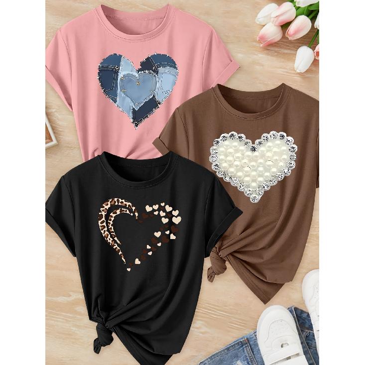 Women s Clothing 3 Pack of round-neck short-sleeve shirts T Shirt “Beautifully Broken” Broken heart print Unique street style Women s Top S