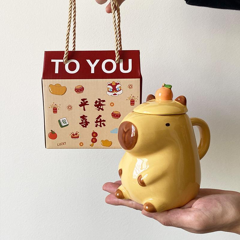 3D Capybara Tasse Keramik Kaffeetasse Cartoon Capybara Paar Tasse mit Henkel und Deckel Lustige Teetasse Tischutensilien für Mädchen Geschenk
