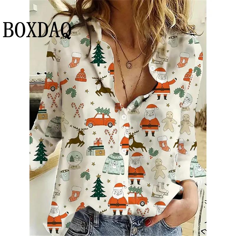 Women's New 3D Christmas Print Long Sleeve Blouses Elegant Lapel Long Sleeve Tops Winter Spring Single-Breasted Basic Shirt