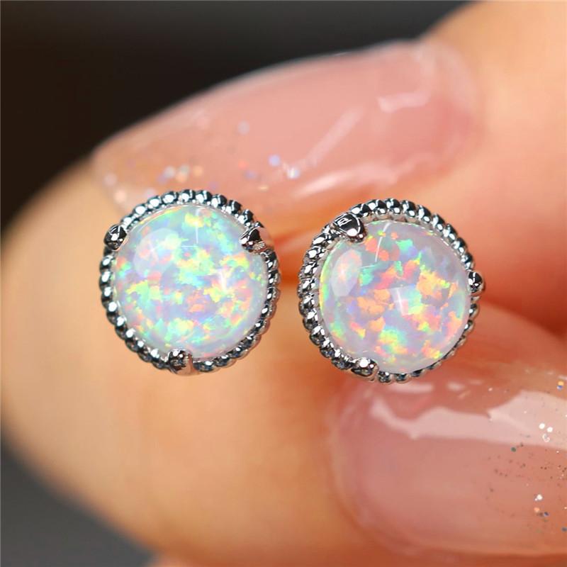 Female Small White Round Fire Opal Stone Stud Earrings Trendy Yellow Gold Color Wedding  For Women