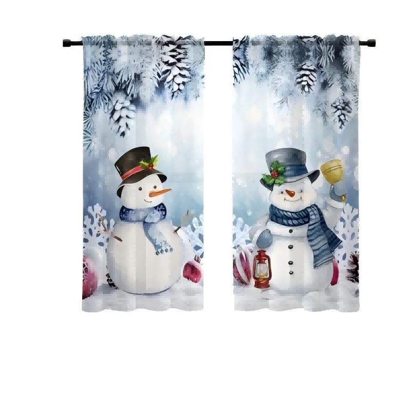 2pcs Champion Snowman Printed Transparent Curtains with Rod Bag Design   Privacy Protection   Suitable for Decoration In Various S