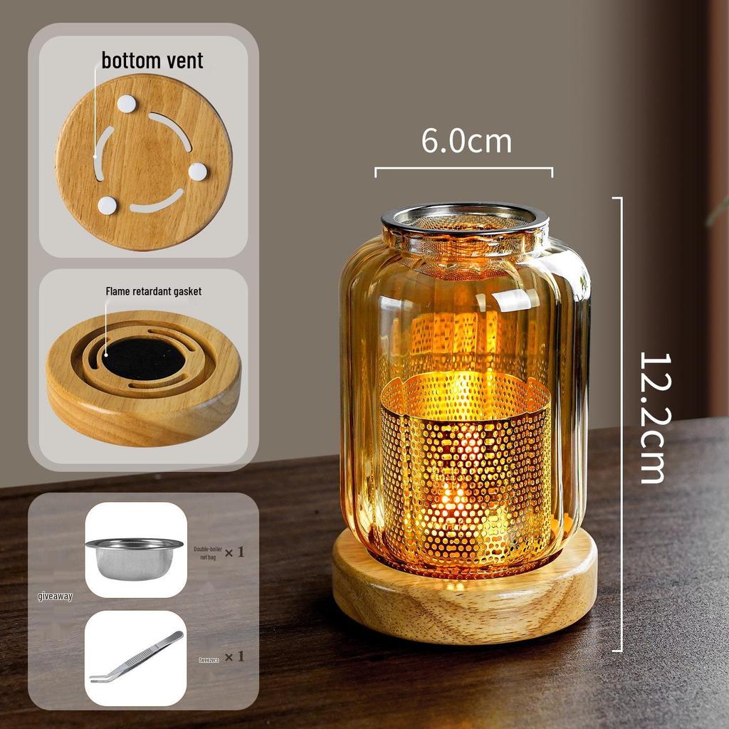 Solid Wood Glass Atmosphere Lamp & Candle Holder with High Transparency Incense Burner for Wax