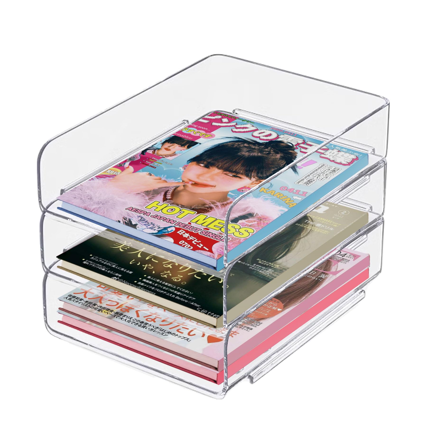 Xpang A4 Horizontal 3-Tier Document Tray, Document Case, Storage Case, Desktop, Shallow, Stackable, Letter Case, Letter Tray, Book Storage (Clear, Ver