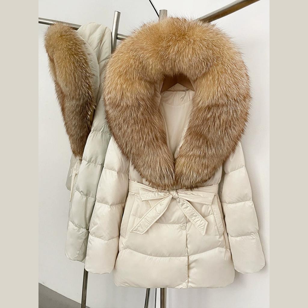 Winter Fox Big Fur Collar High-end Thickened Down Jacket Women's Mid-length Waist Imitation Leather Jacket