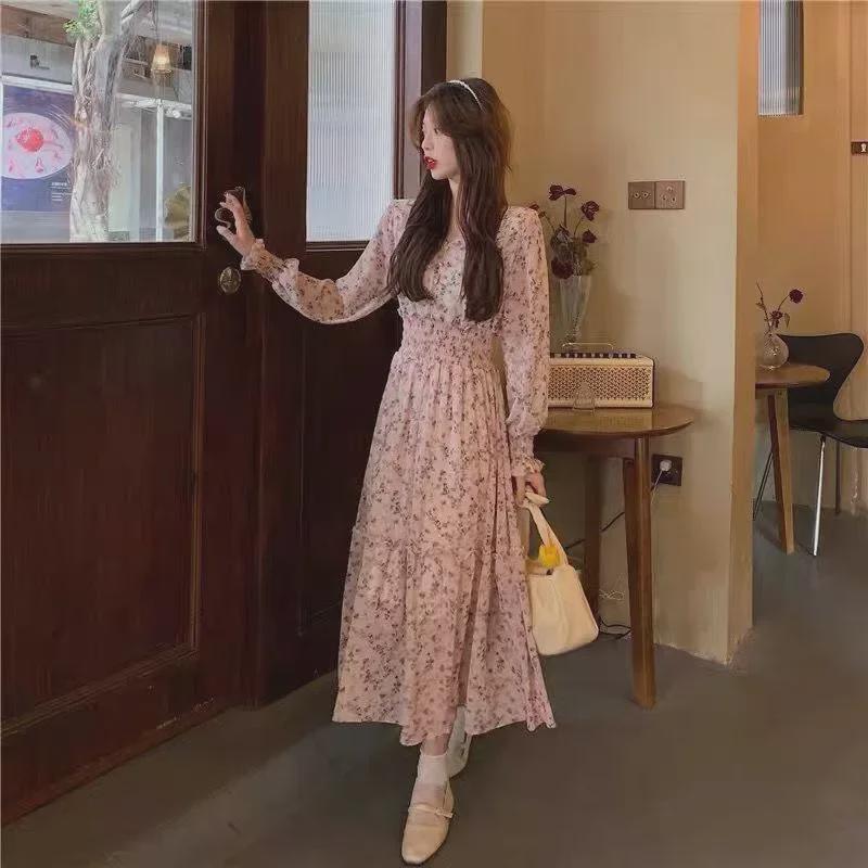 2024 Floral Chiffon V-Neck Dress: High-Waisted, Long-Sleeve, Waist-Cinching Korean Style for Spring and Autumn