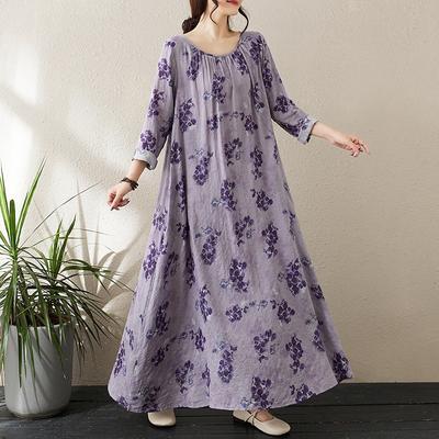 Early Spring Floral Vacation Style Travel Round Neck Retro Long Dress for Women Dresses Long Sleeved