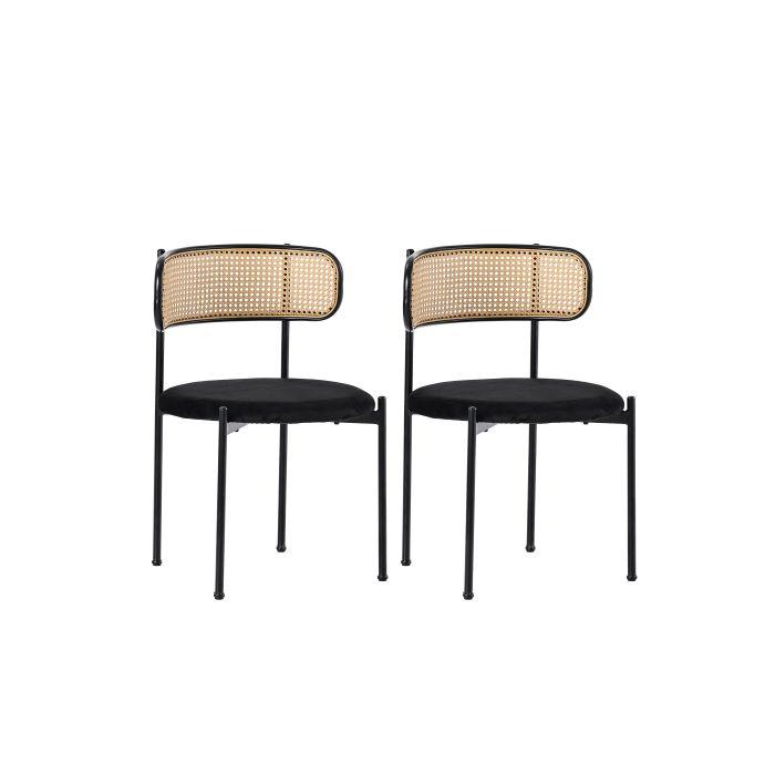 Chaise de salle à manger - MUVOE - Velours noir - Lot de 2 - Dossier en rotin - Pieds en métal