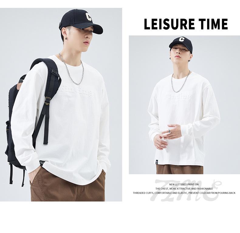 Męski T-shirt z długim rękawem z grubej bawełny - Biały z okrągłym dekoltem, nadruk stalowy, luźny krój, kolekcja jesienna