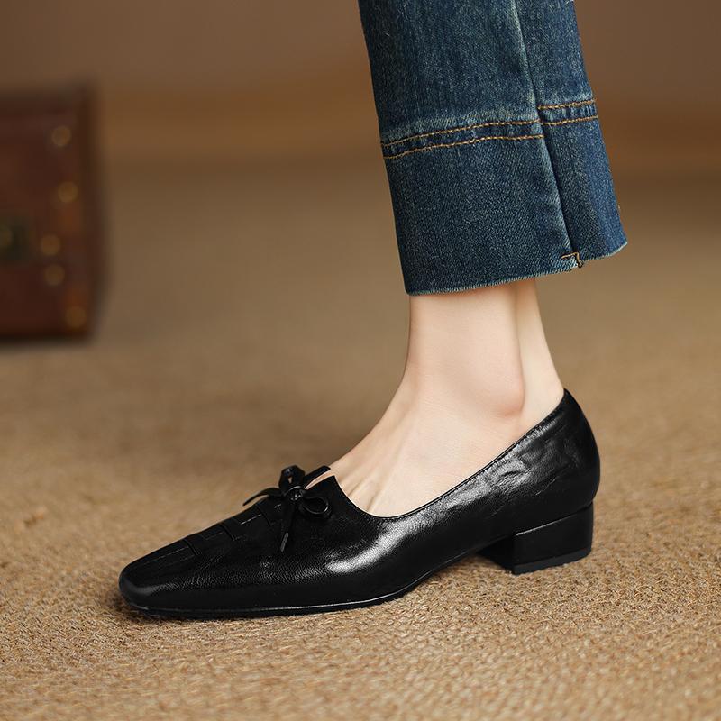 Fashion 2025 New Arrival Soft Genuine Leather Women Heels Shoes Square Toe Comfortable Fashion Casual Low Heel Shoes Four Seasons Shoes