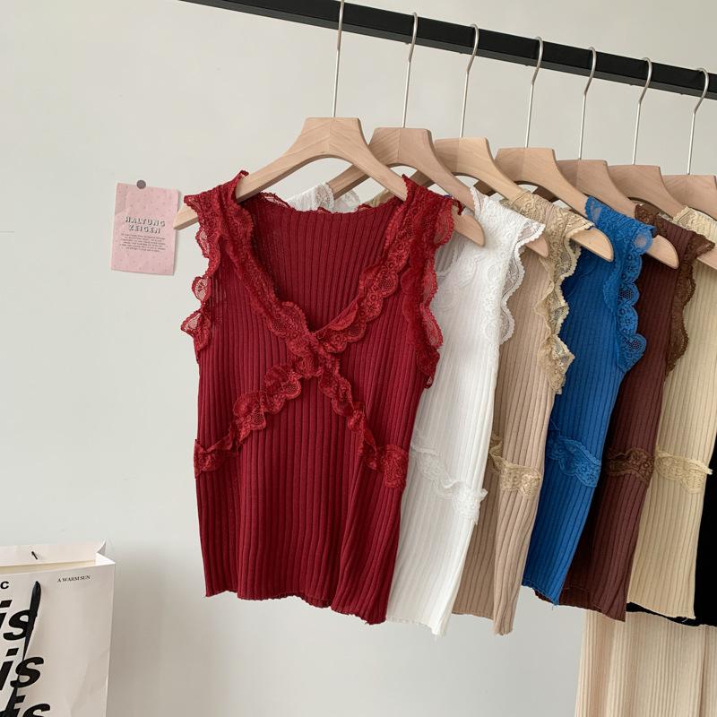 Summer New Sexy Lace Halter Vest Women Inside The Top V-neck Ice Silk Slimming Bottom Knitwear