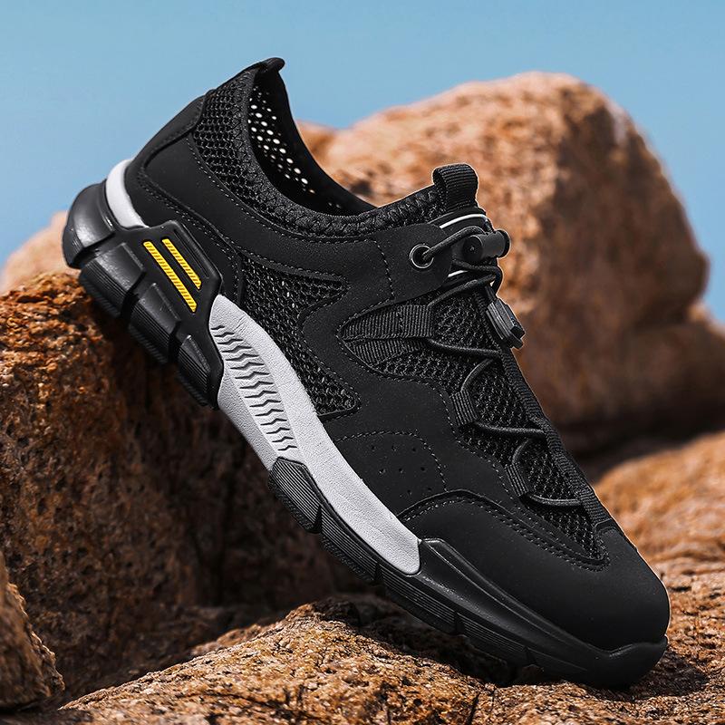 

Men s shoes 2025 summer new men s outdoor breathable mesh hiking shoes personalized platform free lace-up sports tide shoes 45 чёрный