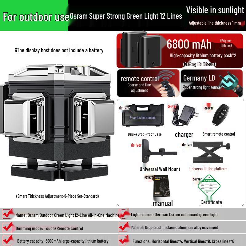 High-Precision 16-Line Green Laser Level with 12 Wall and Floor Integration