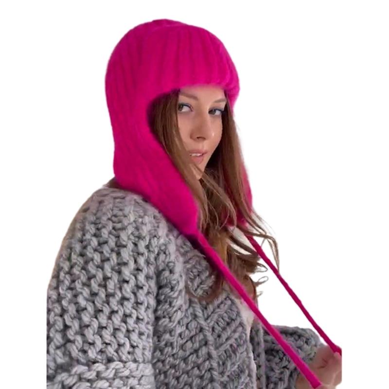 Knitted Trapper Hat Russian Bomber Hat Knit Earflap Beanie For Women Ear Protection Hat Winter Warm Bucket Hat