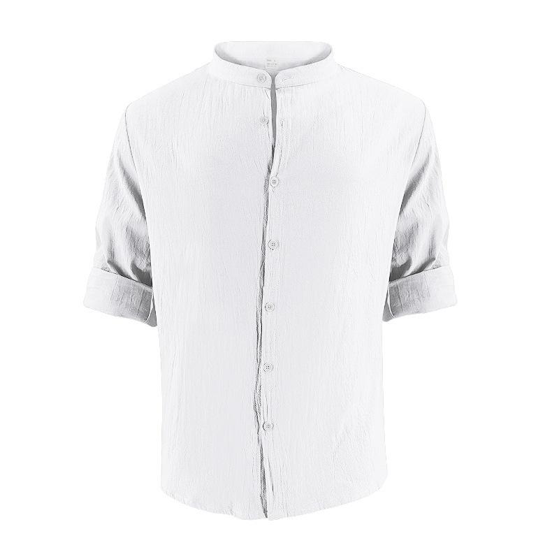 Men's Cotton-Linen Stand Collar Breathable Henley Neck Casual Long-Sleeved Shirt