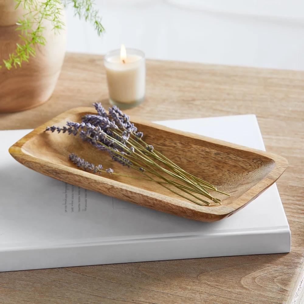 Hand Carved Wood Tray 12x6 Rustic Decorative Holder Natural Grain Flowers or Home Accent Display