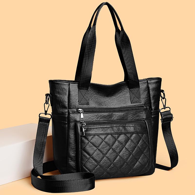 Large Capacity Shoulder Bag Soft Leather Women's Vintage Commuter Tote Bag Multi-Compartment Crossbody Bag