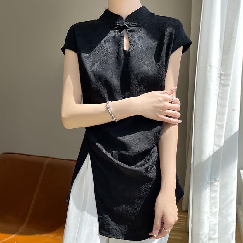 

Шелковый атласный жаккардовый топ в китайском стиле без рукавов с воротником-стойкой L чёрный