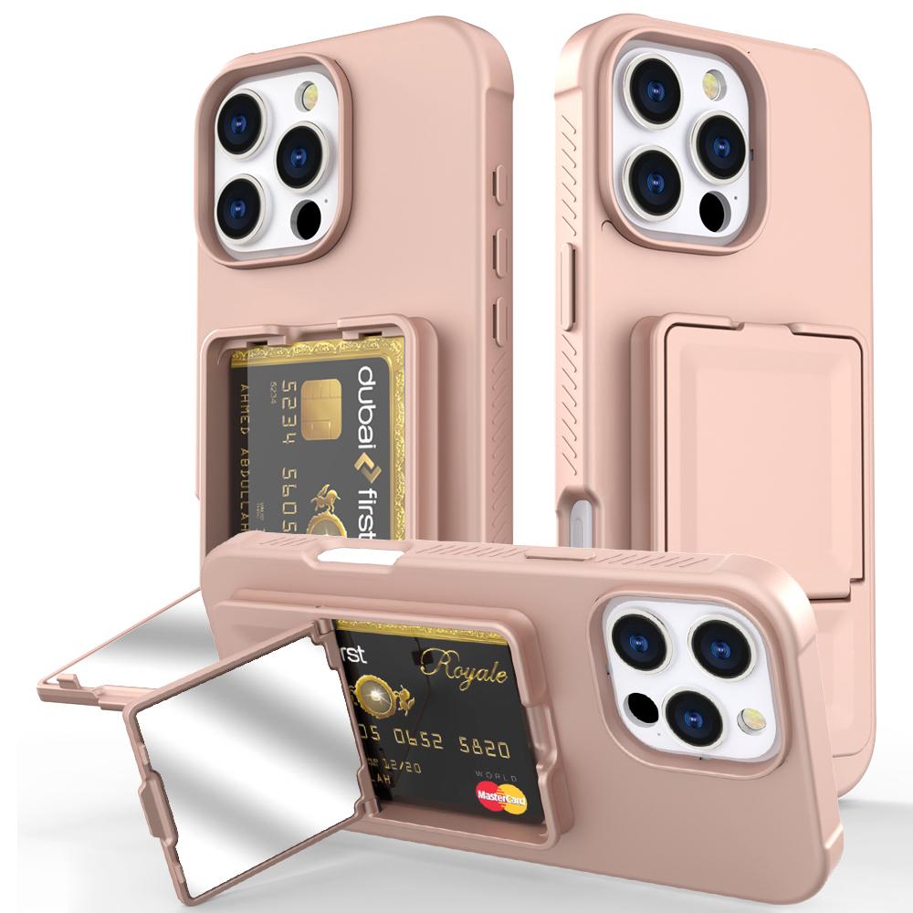 

For iPhone 16 Pro Max Case Skin-Touch Card Holder TPU+PC Phone Cover with Mirror Kickstand Rose Gold