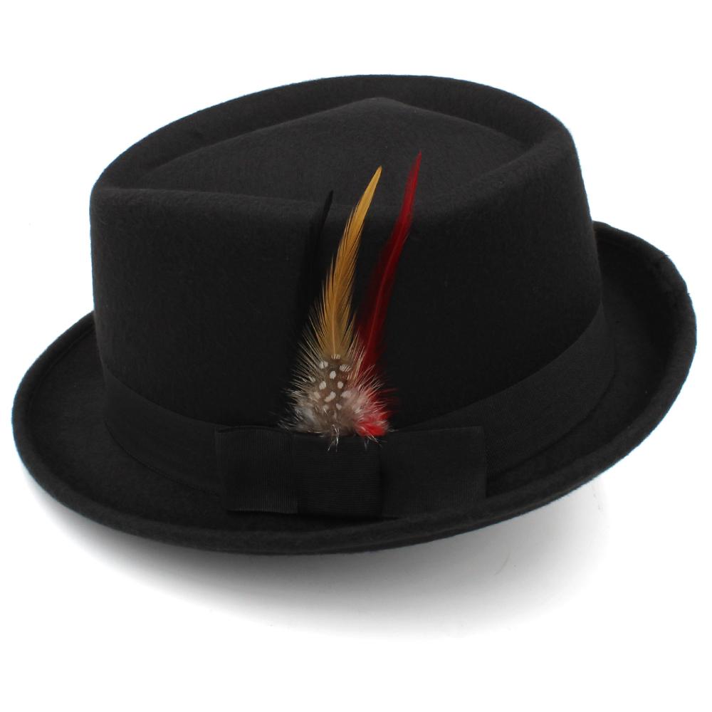 Rhombus Crown Trilby Hats for Men Classic Feather Trilby Fedora Hat Curl Gentleman Fashion Unisex Short Brim Autumn Winter Hat
