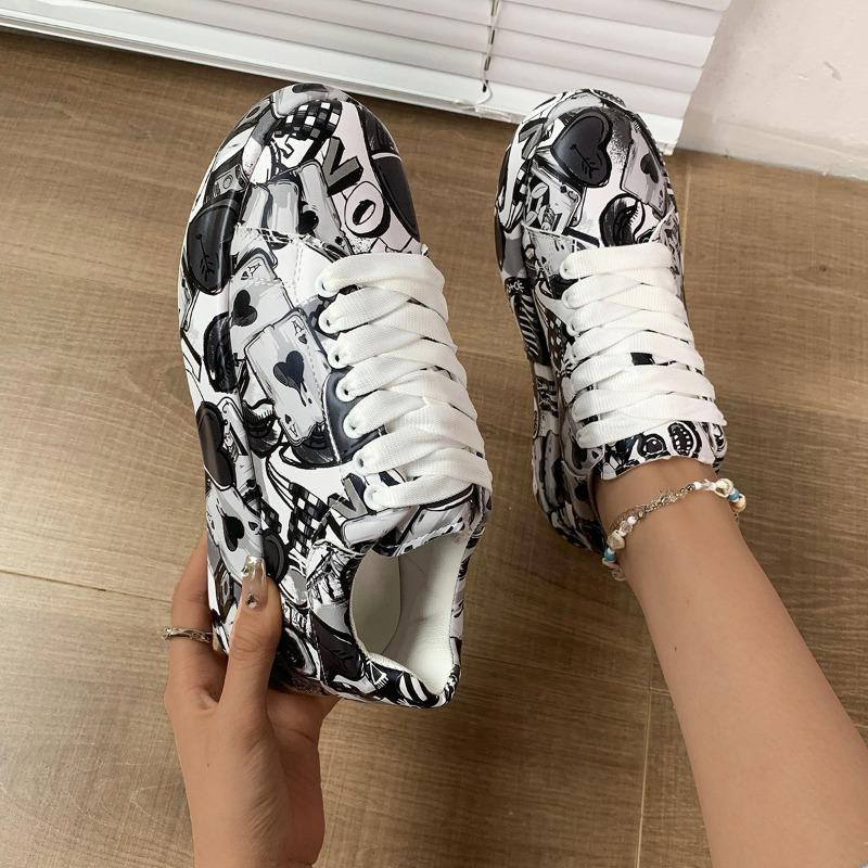 Women's Casual Sneakers Painted Graffiti Lace Up Shoes for Women Flats Pu Thick Bottom Female Sneakers Zapatos De Mujer Ofertas