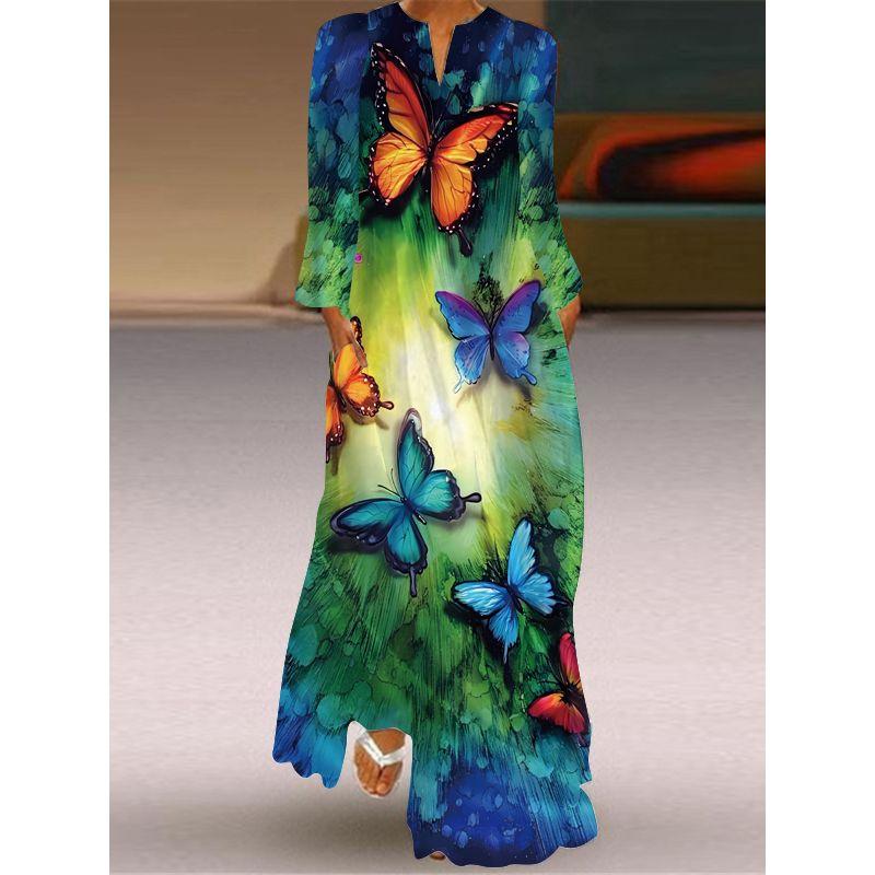 Loose Plus Size Women's Clothing Long Dress New Chinese Style Skirt Elegant Sexy Long Sleeves 3D Print Long Skirt