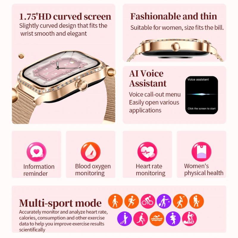 2025 New Smart Watch Women 1.75" HD Display Heart Rate Monitor IP68 Waterproof Sports Fitness BT Call Smartwatch For Lady Gift