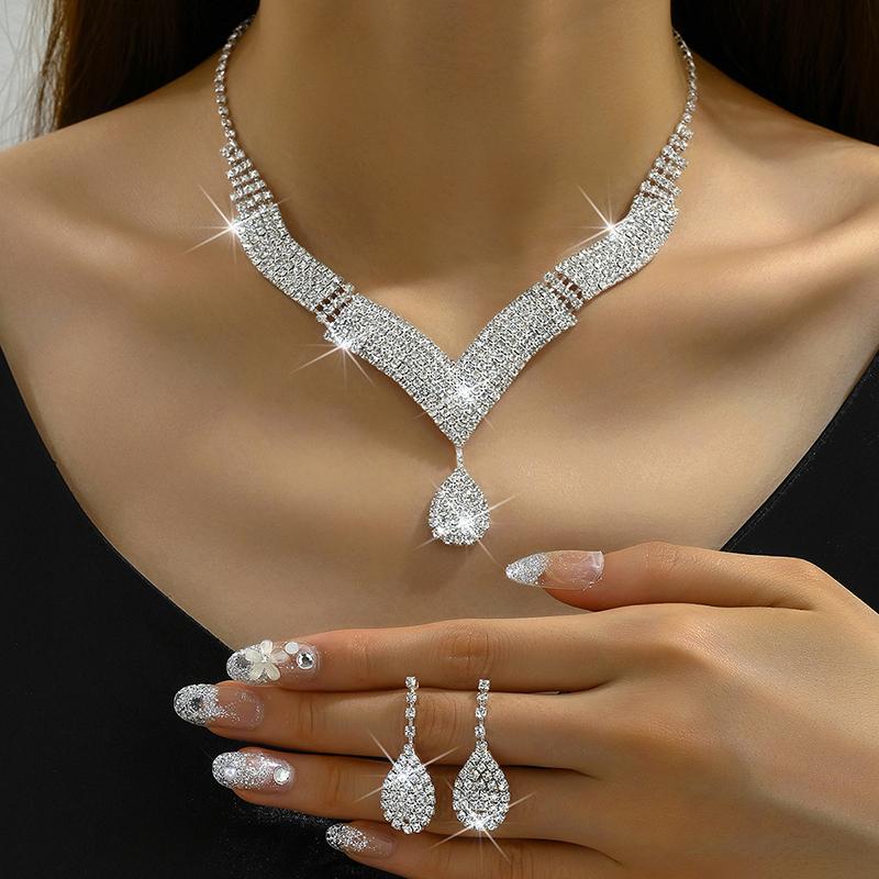 2Pcs Fashionable Rhinestones Necklaces Earrings Jewelry Set Women'S Wedding Accessories Gift