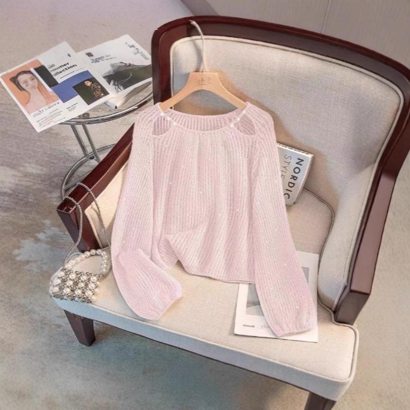 Large Size Crew Neck Knitted Sweater Thin Early Autumn New Women's Clothing Loose Sweet Hollow Top Long Sleeves