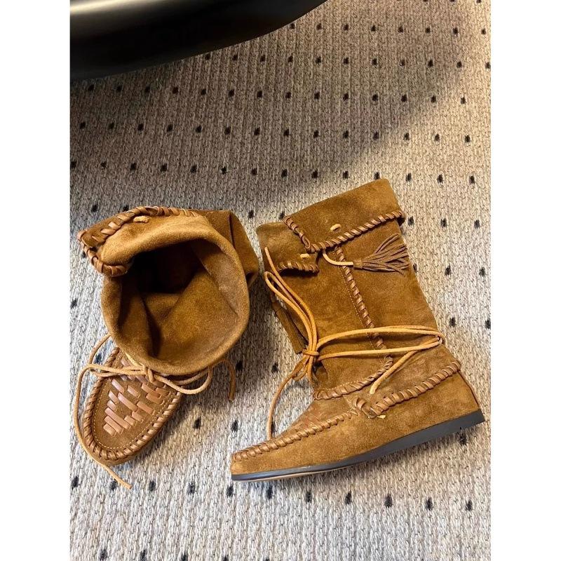 Cowhide~ Inner Heightening Boots, Retro Fringed Straps, Western Boots, Women's Genuine Leather Slim Boots, Foldable Stacked Boots