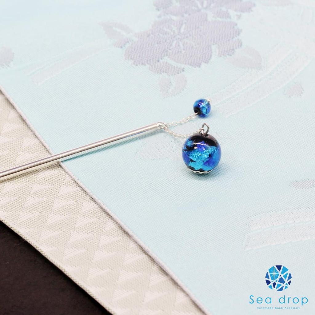 Sea drop kanzashi glass 14mm and 6mm silver perfect for and other Japanese (hairpin), glow-in-the-dark beads, blue, beads, glow-in-the-dark color,